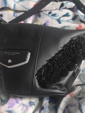 Marc Jacobs Black Leather Shoulder Bag with Beaded Fringe and Pom-Poms
